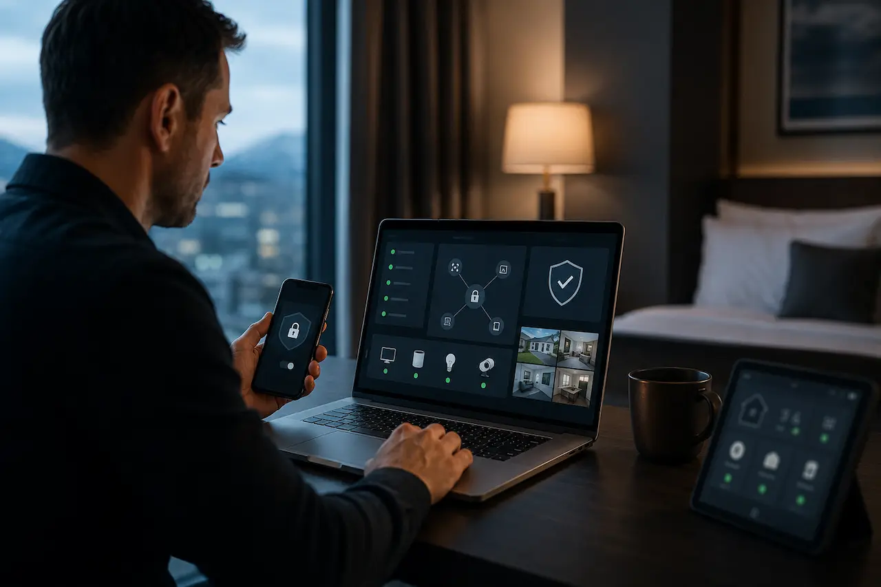 Man using a secure laptop and phone to access home network remotely without exposing devices to hackers.