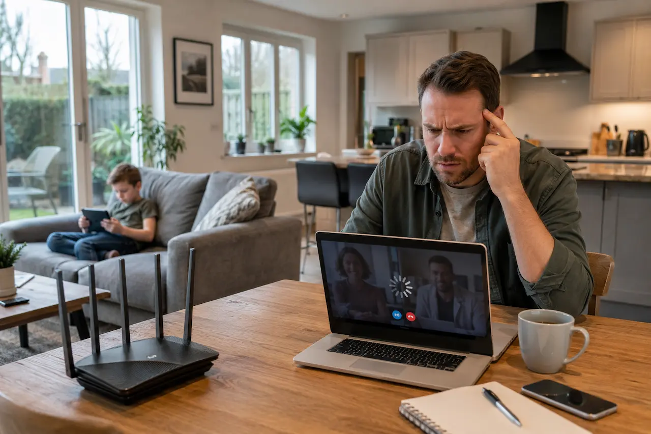 Frustrated homeowner troubleshooting slow home WiFi while a child uses a tablet nearby.