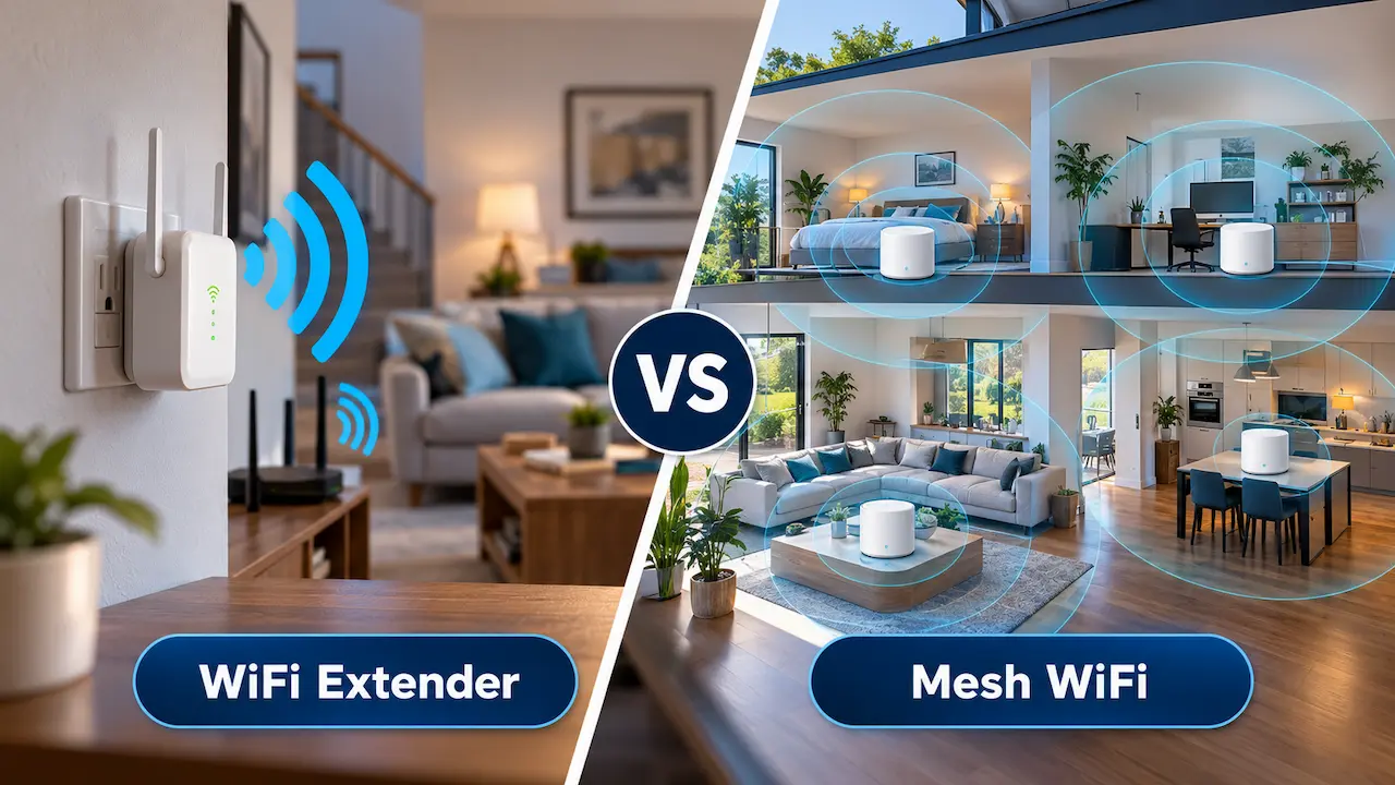 WiFi extender vs mesh WiFi comparison showing wireless coverage in a modern home.