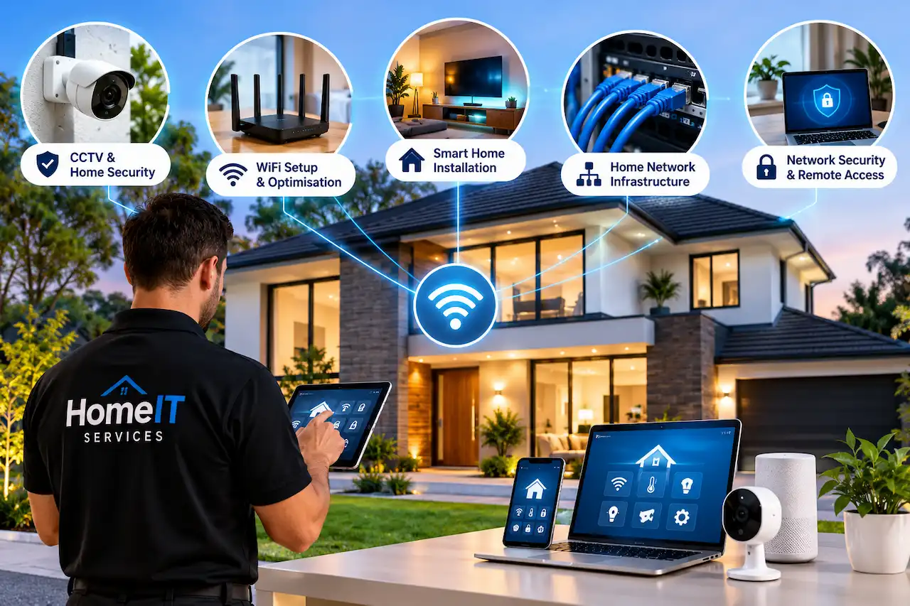 Home IT services in Essex featuring WiFi setup, smart home installation, CCTV security, and home networking solutions.