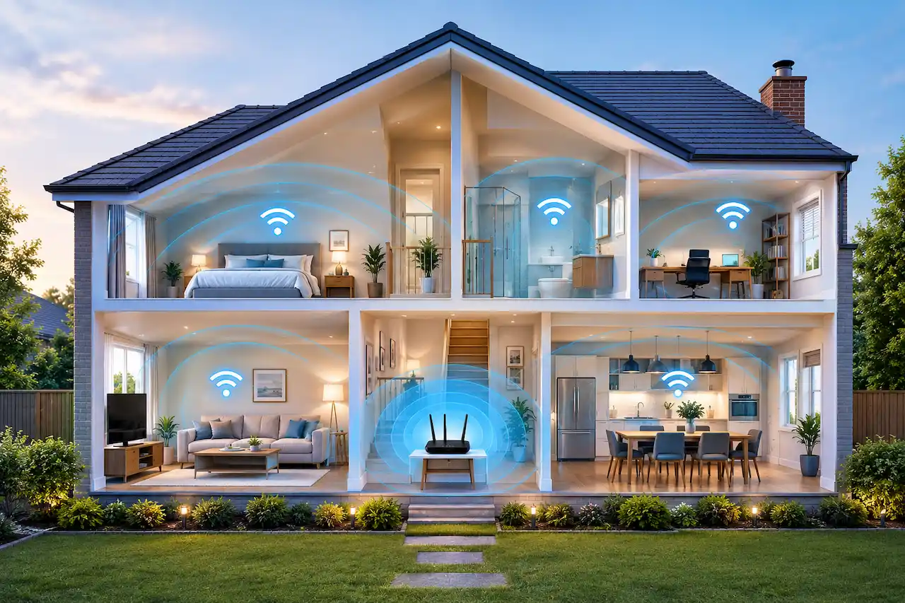 Whole home WiFi coverage setup with a central router providing reliable wireless coverage throughout multiple rooms.